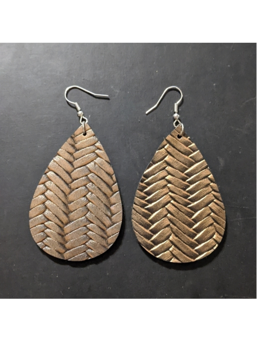 Silver Tone Bronze Leather Basket Weave Teardrop Statement Earrings
